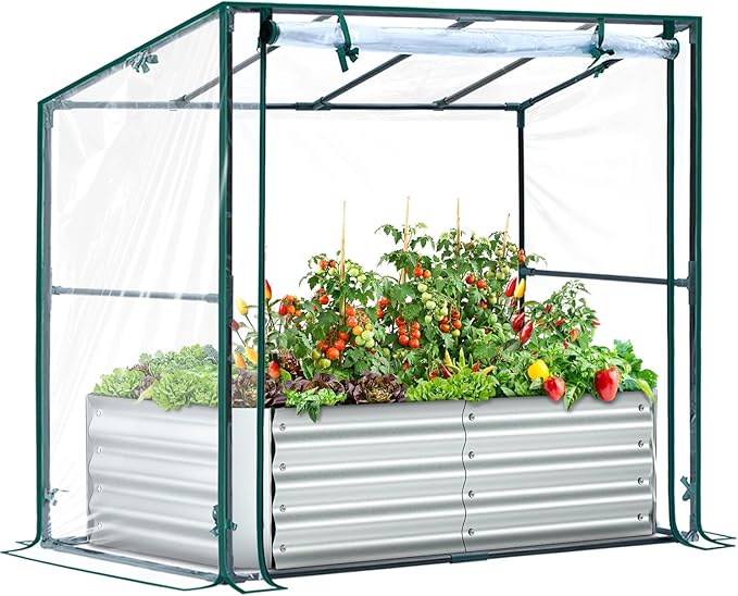 Ohuhu Raised Garden Bed with Cover Outdoor, 4x2x1 FT Galvanized Metal Planter Box with PVC Greenhouse Cover, Protects Plants from Frost Birds Insects, 3-in-1 Gardening Set for Vegetable Flower Herb