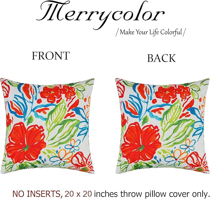 Merrycolor Outdoor Pillow Covers 20x20 Waterproof Throw Pillow Cover Flower Garden Farmhouse Outdoor Pillows for Patio Furniture Set of 2