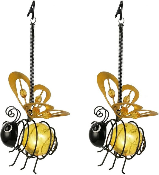 Solar Hanging Bee Light – Outdoor Metal Garden Decor with LED Glow, Yellow Glass Body – Waterproof Solar Powered Insect Ornament for Yard, Tree, Porch, Patio Outdoor Lighted Holiday Displays (2 Pack)