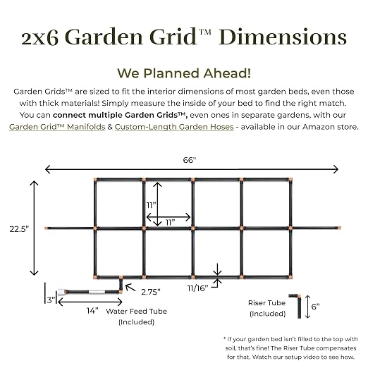 Garden Grid Watering System - 2x6 Cornerless | Raised Garden Bed Drip Irrigation System, But Better | Pre-Assembled, Waters Every Plant | Ideal for Beds w/Corner Posts or Curved Ends | 22.5"x66"