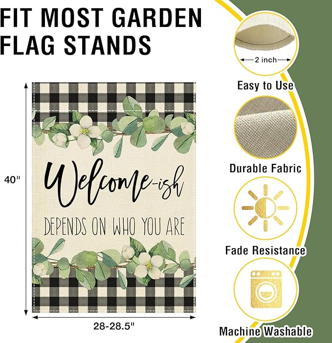 Artofy Welcome-ish Depends on Who You Are Large Decorative House Flag, Funny Family Buffalo Plaid Botanical Yard Garden Outside Decor, Humorous Burlap Outdoor Home Decoration Double Sided 28 x 40