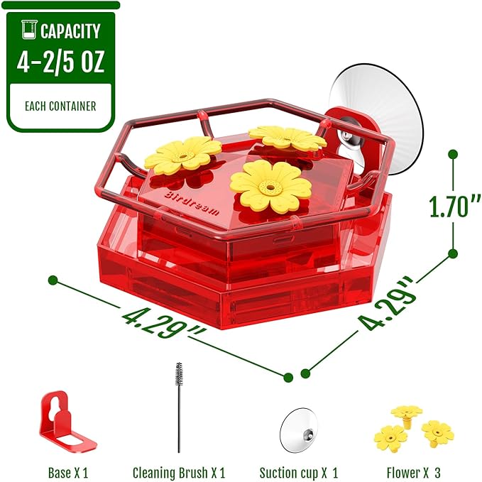 Birdream Window Hummingbird Feeder for Outdoors, 4.4OZ Hummingbird Feeder with Strong Suction Cups, Built-in Ant Moat & 3 Ports, Includes Metal Base and Brush, Easy to Clean & Refill— Red
