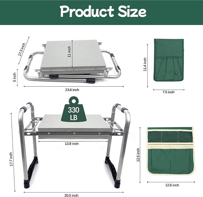 Garden Kneeler and Seat with 11.5" Wide Pad, Foldable Garden Stool with 2 Tool Bags, Heavy Duty Garden Kneeler for Gardening, Women, Horticulturist