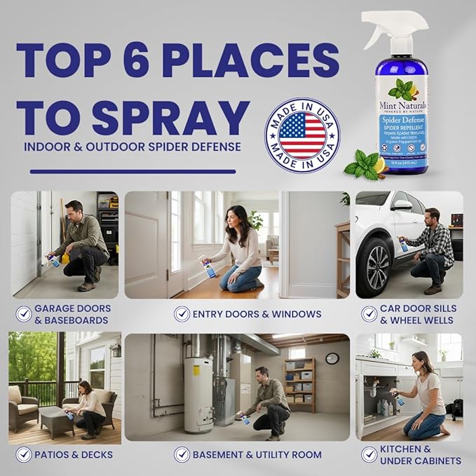 Natural Spider Repellent Spray - USDA Organic Peppermint Oil - Indoor and Outdoor Spider Deterrent for Home & Office - Non-Toxic & Plant Based, 16 oz - Made in USA by Mint Naturals