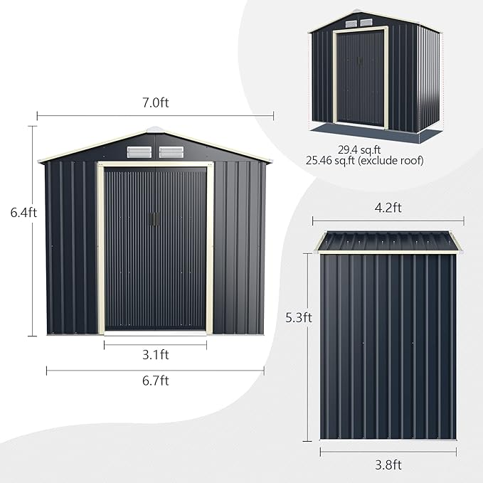 Goplus Storage Shed, Metal 7' X 4' Outdoor Building Organizer with 4 Vents & Double Sliding Door for Garden Backyard Farm (7'X4')