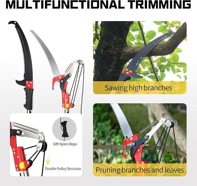 Manual Pole Saw, 30 ft Extendable Tree Pruner, Sharp Steel Blade and Scissors High Branches Trimming, Pole Saws for Tree Trimming, Tree Trimmers Long Handle Pruner