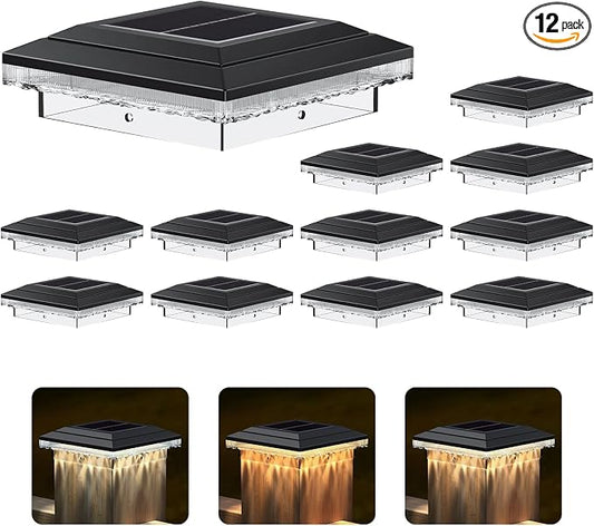 4x4 Solar Post Cap Lights Outdoor, 16 LED Fence Post Solar Lights with 3 Light Modes, Deck Post Lights Solar Powered Waterproof Fits 4x4 Posts Vinyl Wooden Posts for Deck Patio(Black, 12 Pack)