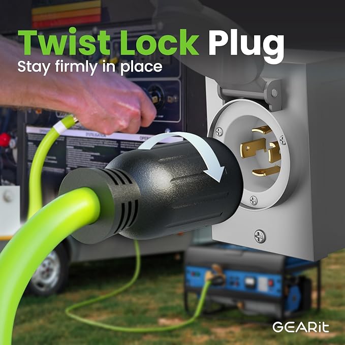GEARit 30-Amp Generator Extension Cord, 120/250-Volt, 4-Prong, 7500W, NEMA L14-30P/L L14-30R, 10 Gauge SJTW Locking Power Cord for Manual Transfer Switch, Portable Generator, Power Outage, 6 Ft, Green