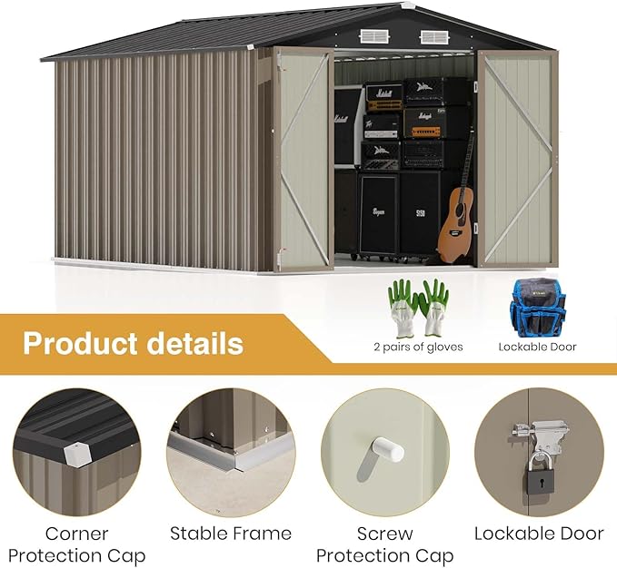 Patiowell 12 x 8 FT Outdoor Storage Shed, Large Metal Shed Storage with Lockable Doors and Steel Frame, Utility Tool Outside Storage Shed for Garden, Patio, Backyard, Brown