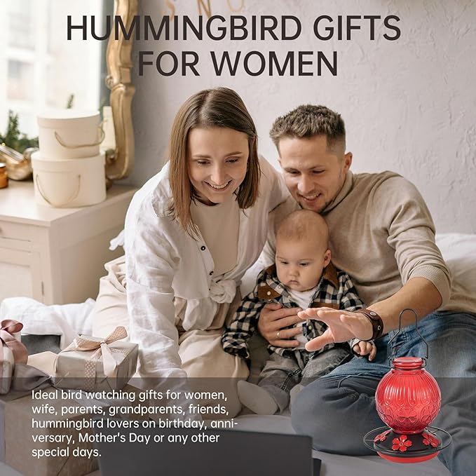 Glass Hummingbird Feeders for Outdoors Hanging, 23Oz Humming Bird Nectar Feeders with Perch, 5 Flower Feeding Ports, Leak Proof Base and Hook for Garden Decor, Gifts for Mom Women (Red)