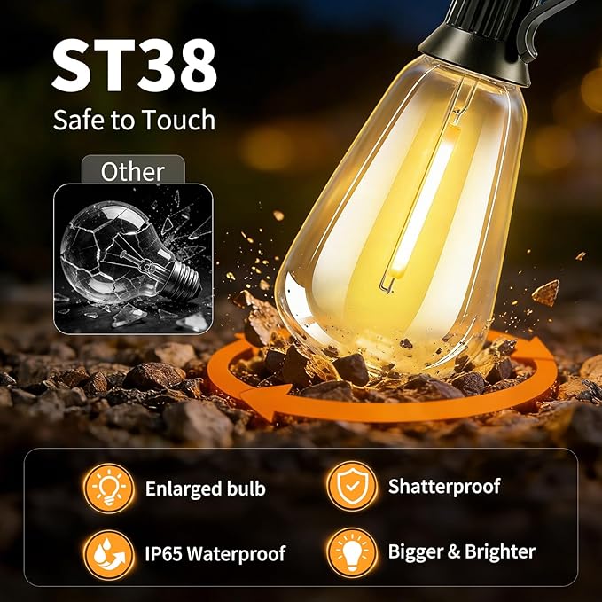 Solar Lights Outdoor Waterproof: ST38 82FT 25M Shatterproof Bulbs Patio Lights - Solar Powered & USB Charging- Remote Control 3 Light Modes Dimmable Solar Light - Camping Backyard Garden