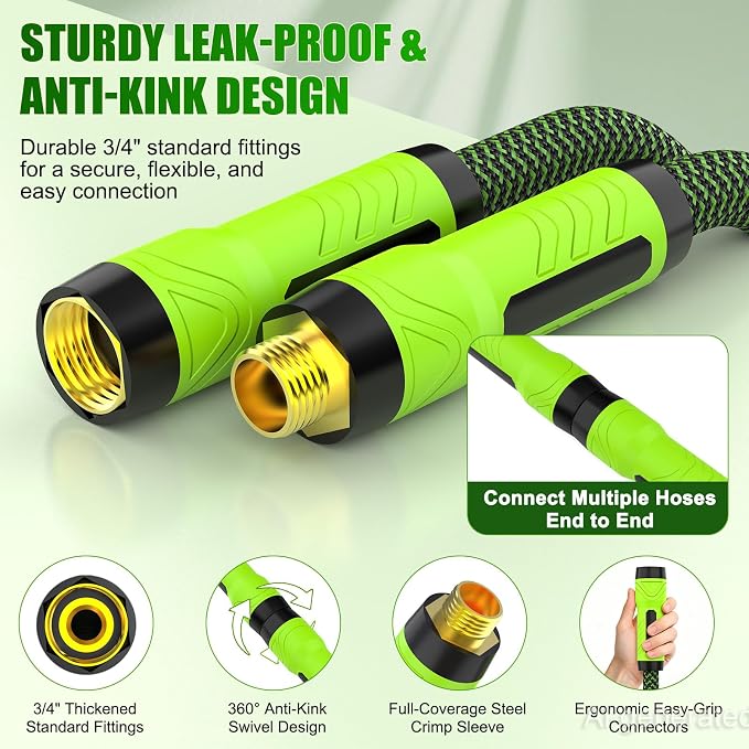 NON-EXPANDABLE Garden Hose 75ft x5/8'', Heavy Duty Flexible Water Hose with 10-Function Sprayer, Lightweight, Leak Proof, Durable Fabric Skin, Pressure Resistant for Yard, Outdoor