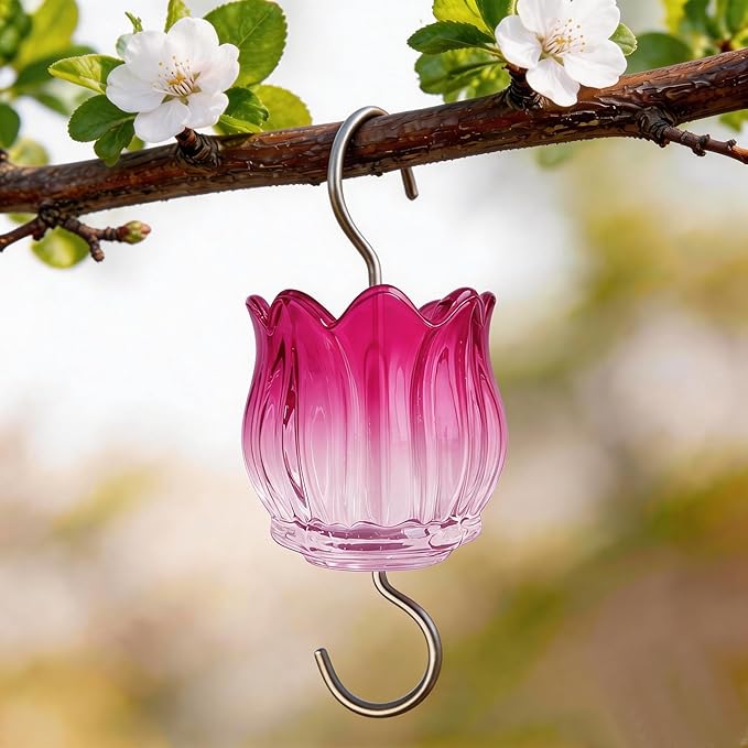 Glass Ant Moat for Hummingbird Feeder - 2PC x 3 OZ Gradient Fuschia Tulip Insect Guard with Large Capacity