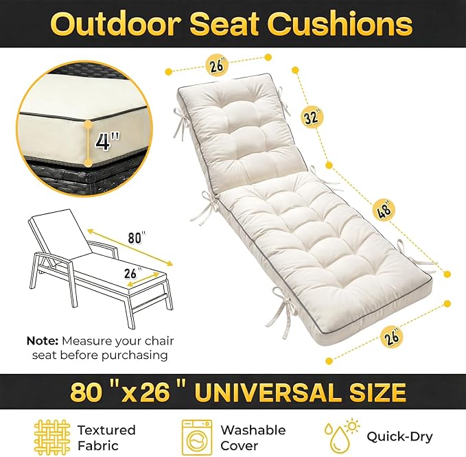 80x26 Inch Folding Chaise Lounge Cushion Quick Dry - Outdoor Sun Lounger Seat Pad with Shredded Foam for Patio Furniture, Deck Chairs, Poolside (Cream, 80 INCH × 26 INCH)