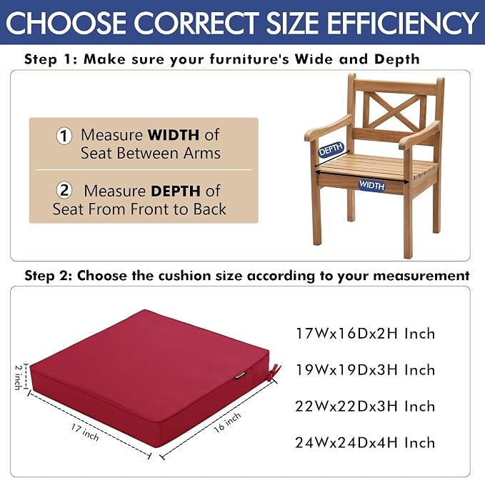 Outdoor Chair Cushions 16 x 17 Inch Water Resistant Patio Chair Cushions with Tie 3 Year Color Fastness Thick Outdoor Seat Cushion for Garden Lawn Patio Furniture Burgundy Red Set of 2