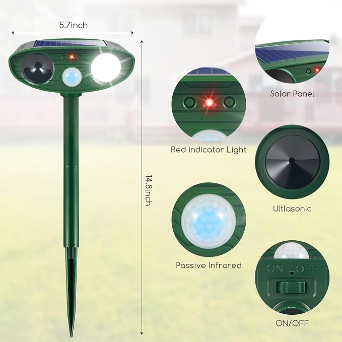 4 Pack Upgraded Sonic Fortress Pro Deer Repellent Devices Waterpfoof Ultrasonic Cat Squirrel Rabbit Racoon Deterrent Outdoor with Motion Sensor & Strobe Light-Solar Animal Repellent for Garden Yard