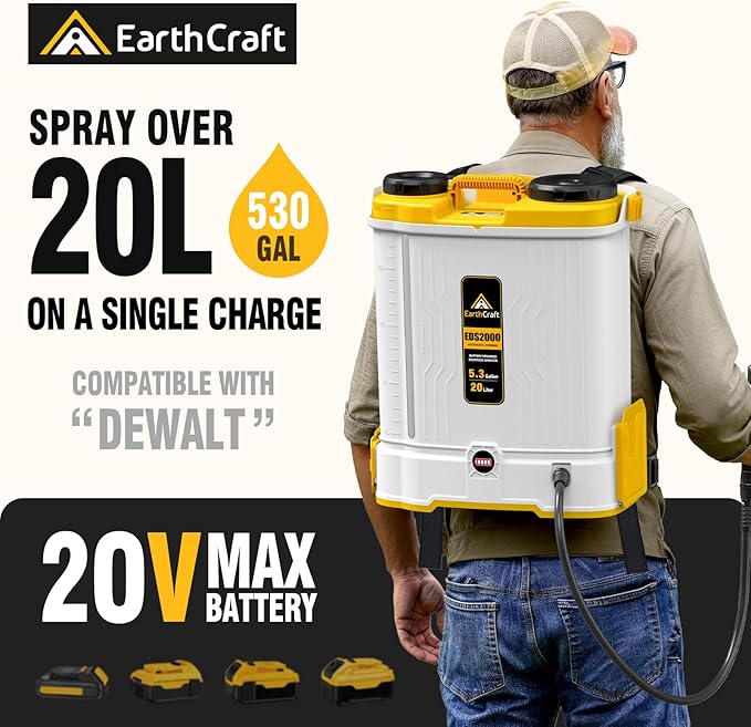 Battery Powered Backpack Sprayer 5.3Gal Compatible with DeWalt 20V Battery(NOT Included), Equipped with Mixing System, Backpack Garden Sprayer with 6 Spray Nozzles for Lawn, Garden, Yard
