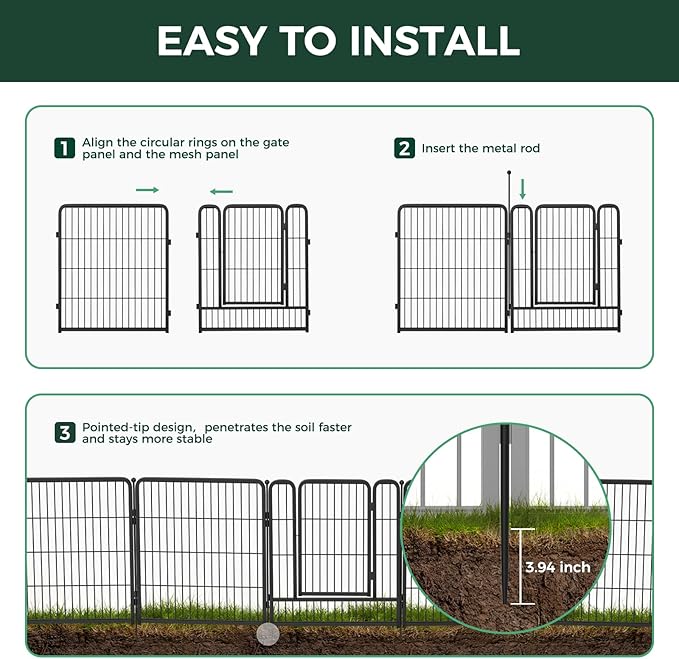 FXW Garden Fence Outdoor for the Yard – 40in(H) x 4.5ft(L) Heavy Duty Metal Animal Barrier for Dog, No Dig Decorative Dog Fence, 2 Panels, Black