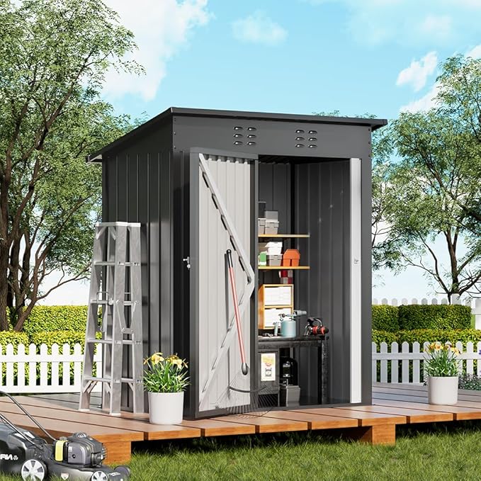 COMHOMA Shed Outdoor Storage Shed Metal,Lockable Doors Tool Sheds with Sloping Roof,Steel Garden Shed with Air Vent for Backyard,Patio,Lawn,Poolside(Grey,5'*3')