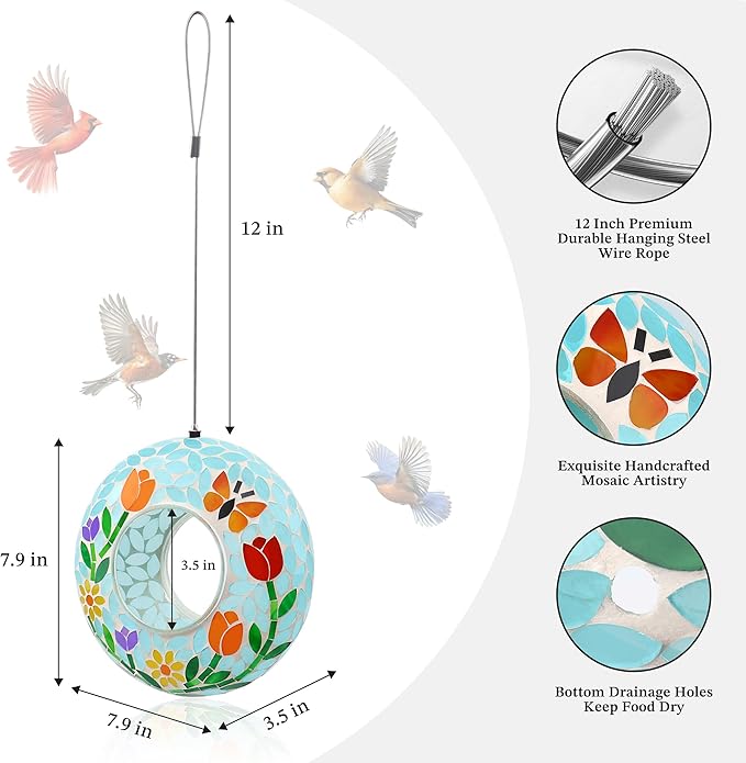 SAVENNA Mosaic Glass Hanging Bird Feeder, 8 Inch Handcrafted Outdoor Feeder with Steel Wire Rope, Decorative Garden & Patio Feeder for Wild Birds, Colorful Floral Mosaic Design