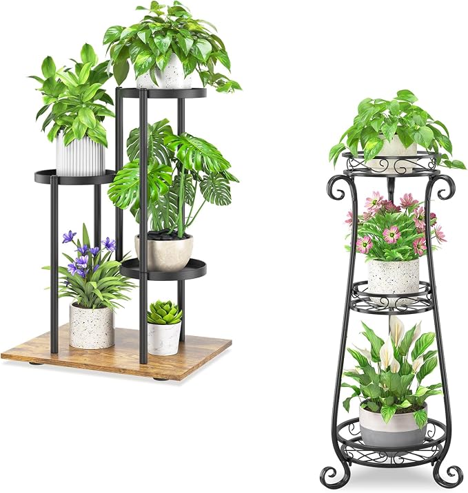iDavosic.ly Metal Plant Stand Indoor Outdoor Set of 2, Wrought Iron Corner Flower Pot Holder Table Shelf and 3 Layer Display Rack for Patio Porch Living Room Garden Balcony, Black & Brown