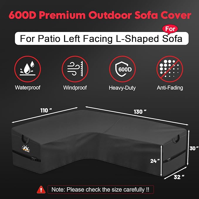 Zettum Outdoor L-Shaped Sectional Cover - 600D Patio Sectional Sofa Cover, Waterproof Patio Furniture Covers for 6-7 Seater Outdoor Sectional Sofa and Couch, Left Facing, 100x130 Inch Wide