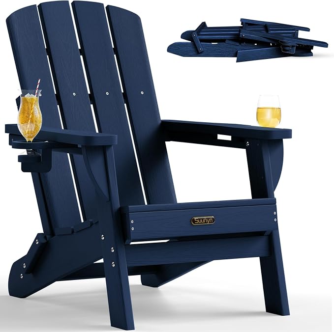 Folding Adirondack Chair, HDPE Adirondack Chairs with 2 Cup Holder, Plastic All-Weather Fire Pit Chairs, Outdoor Lawn Chair for Patio Garden (Tibetan Blue)
