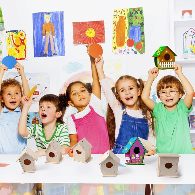 Kisston 272 Pcs DIY Birdhouse Kits for Kids Ages 5-8, 8-12, 120 Wooden Bird Houses Kit in 6 Shapes and 152 Stereoscopic Butterfly Sticker for Children Craft Class Activity Art DIY Project