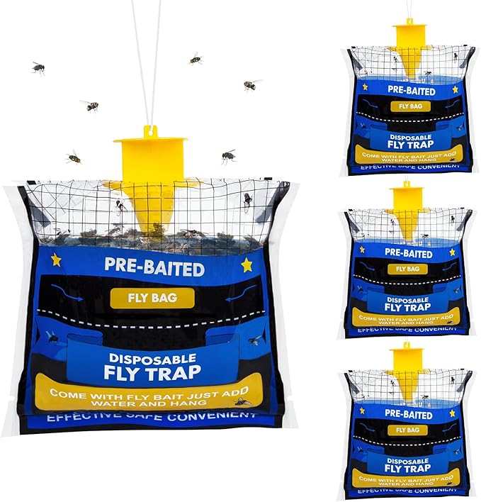 4 Pack Fly Traps Outdoor Hanging for Patio, Outdoor Disposable Hanging Fly Trap with 30g Bait, Bug Fly Hunter Catcher Killer Control for Barn Horse Ranch Chicken Coop