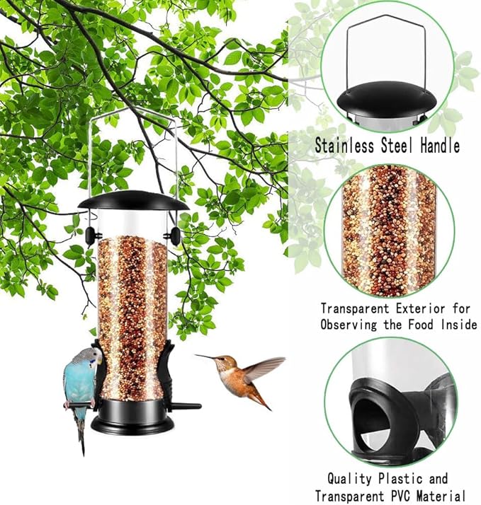 Metal Bird Feeder, Tube Bird Feeders for Outdoors Hanging, Heavy Duty Chew-Proof and Rust-Proof Tube Bird Feeder, Weatherproof & Steel Hanger, Attracting for Wild Birds (Black)