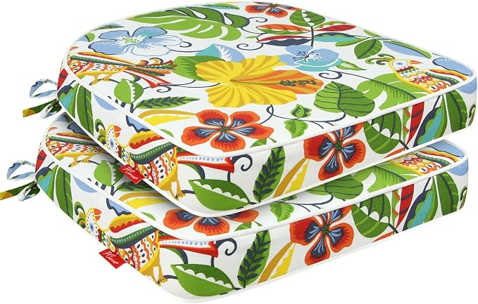 Outdoor Chair Cushions Set of 2, 19x19 Inch U-Shape Patio Seat Cushions with Ties, Water & Fade Resistant High Density Foam Cushions for Garden Patio Chairs, Flower Bird
