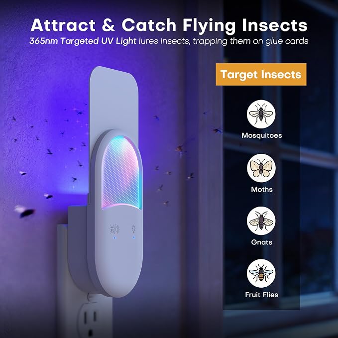 Fruit Fly Trap for Indoors Plug-in, Gnat Trap Indoor Insect Trap with 7 Refill Cartridges, UVA Light Bug Catcher with Dual Modes, 8-Color RGB Night Light Sensor for Kitchen Bathroom Home