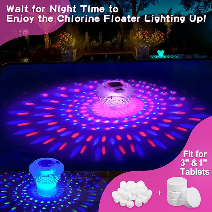 Solar Pool Chlorine Floater,Chlorine Floater with Colorful Lights,Button Control Floating Pool Chlorines Dispenser,Adjustable Release & Easy Opening,Solar chlorines floaters for Hot Tub,Blue