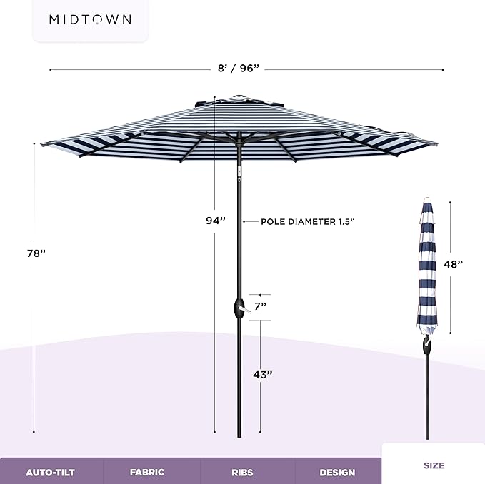 Midtown Umbrellas - 10-Year-No-Fade 8 Ft Patio Umbrella with Terylast Fabric, Auto-Tilt Aluminum Frame and 8 Reinforced Ribs for Deck, Pool, Garden & Beach - Navy/White Stripes Canopy, Black Pole