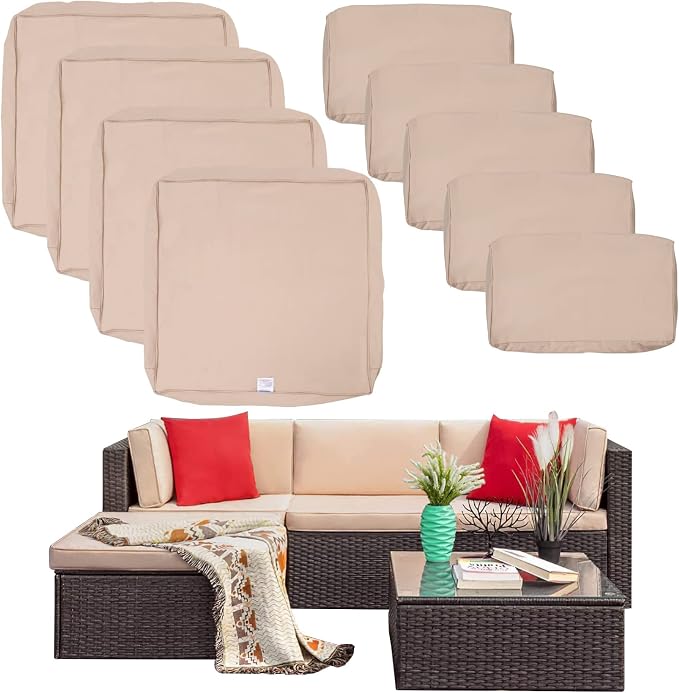 ClawsCover (No Stretchy) 9 Pack Patio Cushion Covers Set,Outdoor Furniture Cushion and Pillow Slipcovers Replacement,Fit for 5 Pieces 4-Seater Wicker Sectional Sofa Chair Couch Set,Khaki-Covers Only