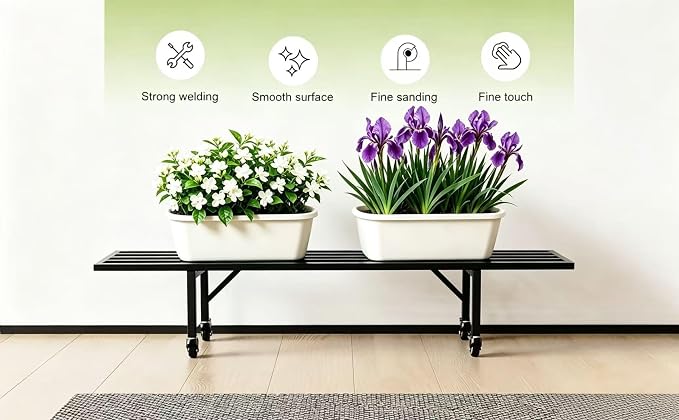 Zhongma One Tier Metal Plant Stand with Wheels,(45.67 L x 8.66 W x 10.3 H) Heavy Duty Plant Holder for Home, Window,Garden, Plant Lovers, Display Stand