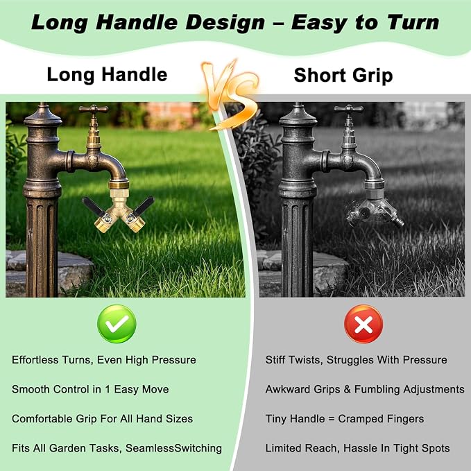Dalmbox Garden Hose Splitter 2 Way, Brass Y Hose Connector With Long Handle Shut Off Valves, 3/4" GHT Heavy Duty Outdoor Faucet Adapter, Water spigot Splitter for Garden Watering, Lawn, Car Wash
