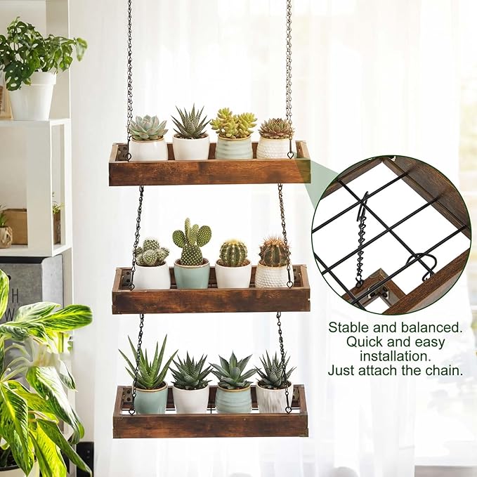 3 Tier 16" Hanging Plant Window Shelf Large Hanging Plant Holder Wood Frame Metal Chain Floating Wall Flowerpot Organizer Storage for Herbs Microgreens Succulents Balcony Living Room