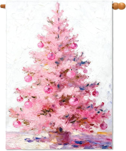Christmas House Flag 28x40 Inch Pastel Pink Xmas Tree Ball Winter Holiday Decorative Garden Flags for Outside Double Sided Seasonal Outdoor Home Farmhouse Decoration Porch Yard New Year Decor