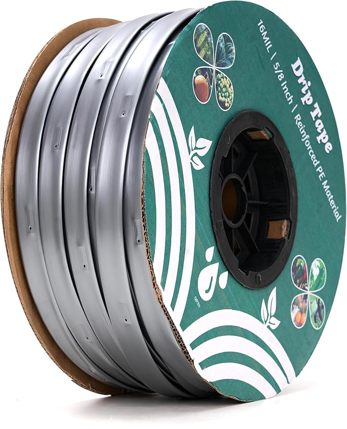 500FT 5/8" Drip Tape Irrigation, 16 Mil Heavy Duty with 6" Emitter Spacing, Silver Reflective Drip Tape Resistant to Pecking & Biting, Heat-Safe for Seedlings, Ideal for Garden Farm Greenhouse Patio