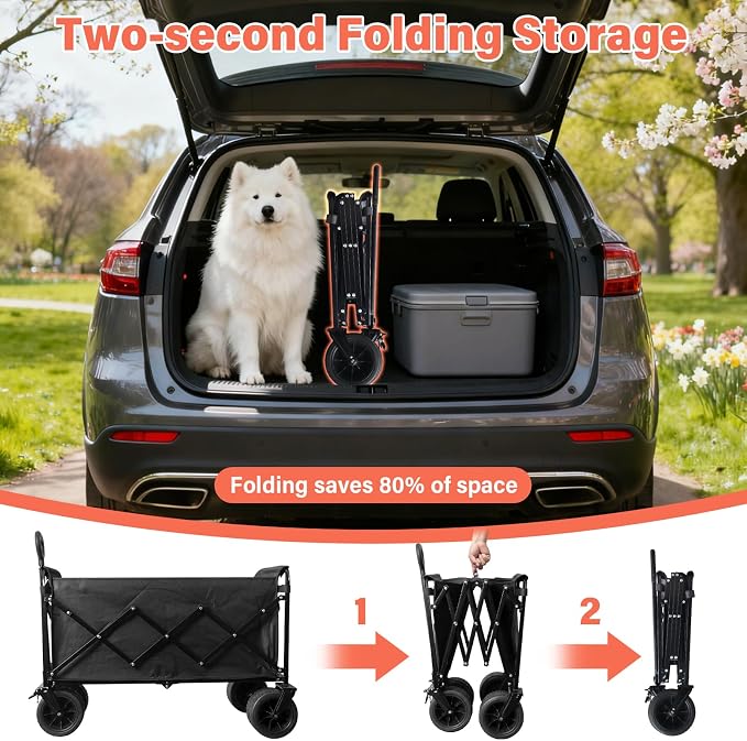 Collapsible Wagon Cart with All-Terrain Wheels - Folding Utility 600LBS Heavy Duty Wagons Carts for Grocery Sports Garden Shopping Camping Fishing (Black, 220L)