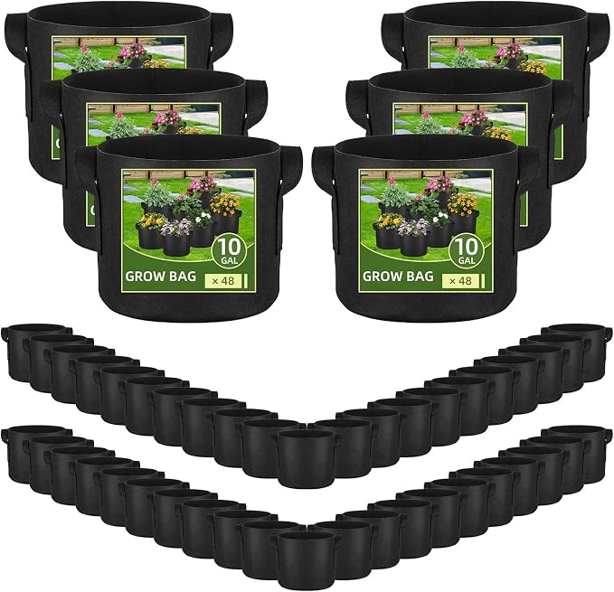 48 Pack 10 Gallon Vegetable/Flower/Plant Grow Bags, Heavy Duty Thickened Nonwoven Plant Fabric Pots Aeration Fabric Planters with Handles