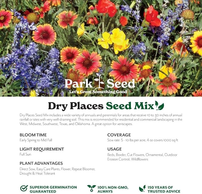 Park Seed Grow Your Own Vibrant Annual and Perennial Wildflower Garden Mixture, Easy to Grow Varieties for Pollinators and Spring Gardens - Dry Places Mix, 5 lbs