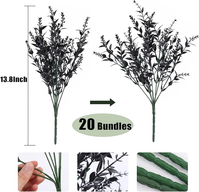 RECUTMS 20 Bundles Fake Black Decor Artificial Greenery Outdoor Flowers | Autumn Plastic Shrubs,Fake Plants,UV Resistant, Indoor/Outdoor Use, Hanging Fall Decorations,Halloween,Black Wedding