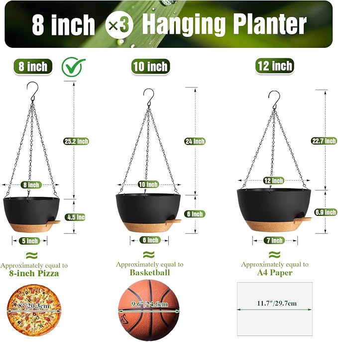 8 Inch Self Watering Hanging Planters, 3 Pack Plastic Plant Pots | Sturdy lightweight pot with side watering lip, drainage holes, snap-on detachable tray & hanging chain for easy care