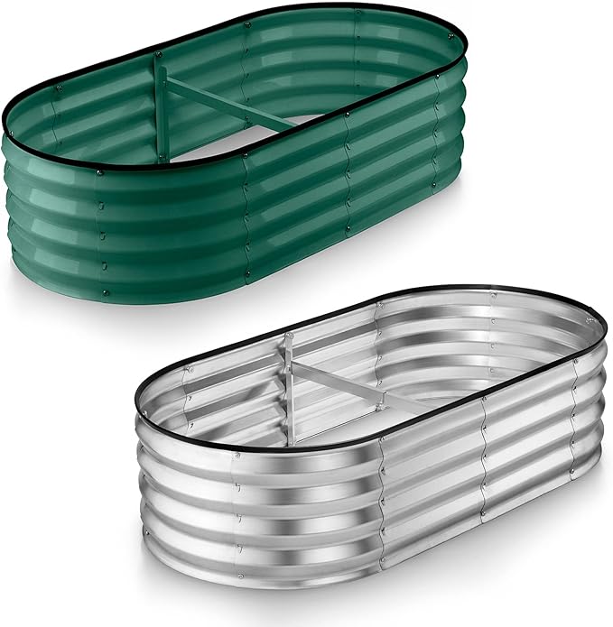 Silver & Green Galvanized Metal Raised Garden Bed for Outdoor Gardening 4×2×1 ft // Easy-to-Assemble Garden Bed Kit for Vegetables and Plants // Sturdy Steel Raised Planter Box // Tool-Free Assembly