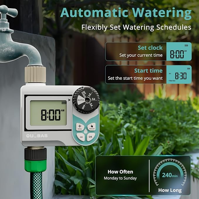QUOBAS Low Pressure Water Timer, Weekly Programmable Sprinkler Timer with Brass Inlet & Outlet for Rain Barrel, Garden Hose, with Ball Valve & Waterproof Screen, Rain Delay/Manual/Auto Modes