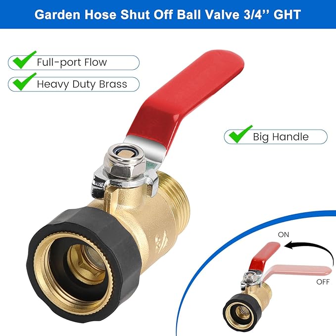 FINEST+ Garden Hose Shut Off Valve, 3/4" GHT Water Hose Shut Turn Off Valve, Heavy Duty Brass Valve Garden Hose Ball Valve With Stainless Steel Long Handle
