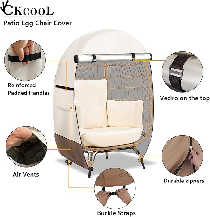okcool Outdoor Egg Chair Cover,Waterproof Egg Chair Cover with Zipper for Wicker Patio Basket Chair(Beige & Brown,Fits 43" L *25" W*55.1" H Egg Chair)