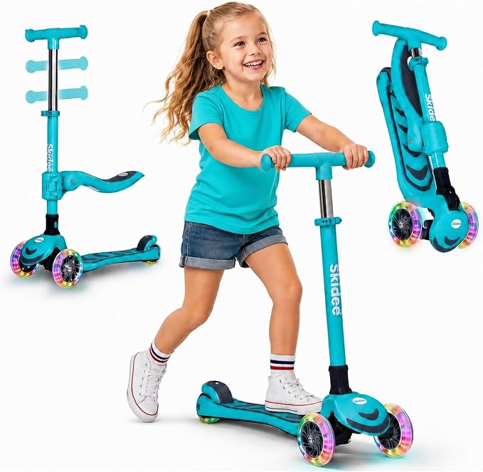 SKIDEE Kick Scooter for Kids Ages 3-5 | Foldable 3 Wheel Scooter with Lean-to-Steer, Adjustable Height, Removable Seat & LED Light Wheels | Toddler Scooter Up to 12 Year Old Boys/Girls